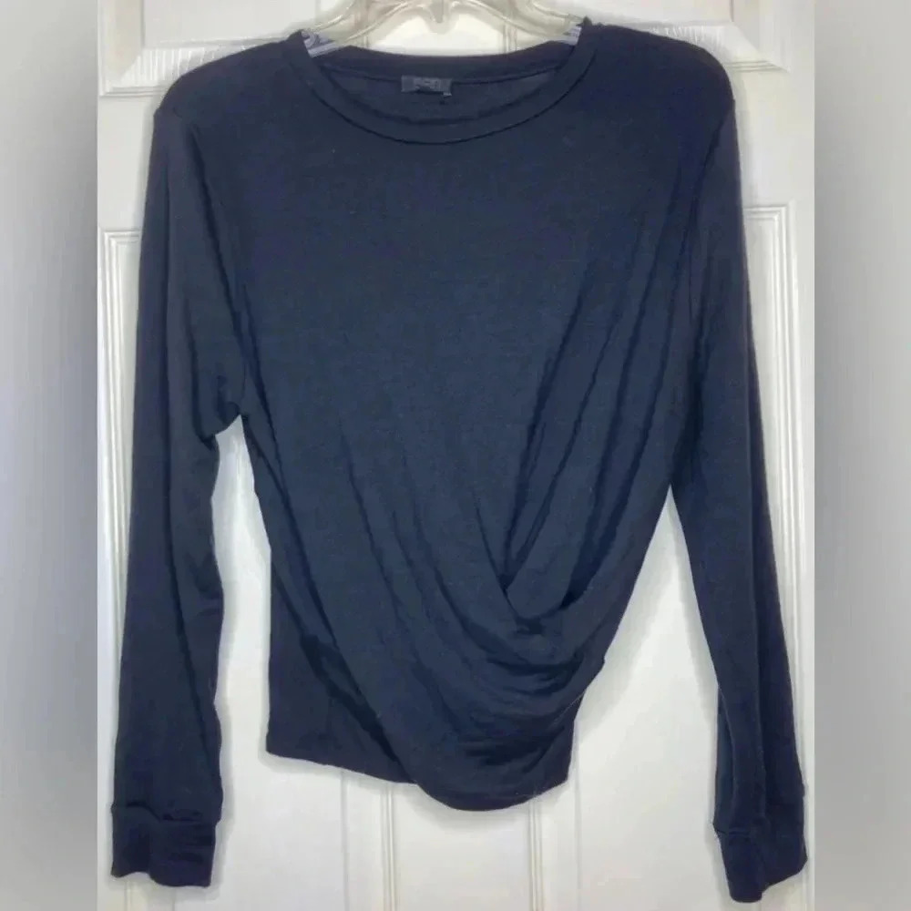 Woman SEN Black L/s Pullover Twist Front Shirt Top Sz Small EUC Stretch USA